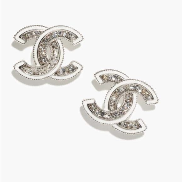 ❌SOLD❌ CHANEL 25C White Silver & Crystal CC Logo Stud Earrings NEW with/Receipt - Picture 7 of 14